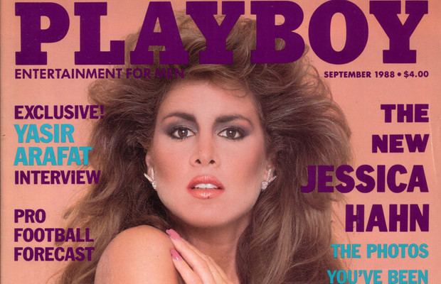 Jessica Hahn posing on the cover of Playboy with makeup and a bushy hair.