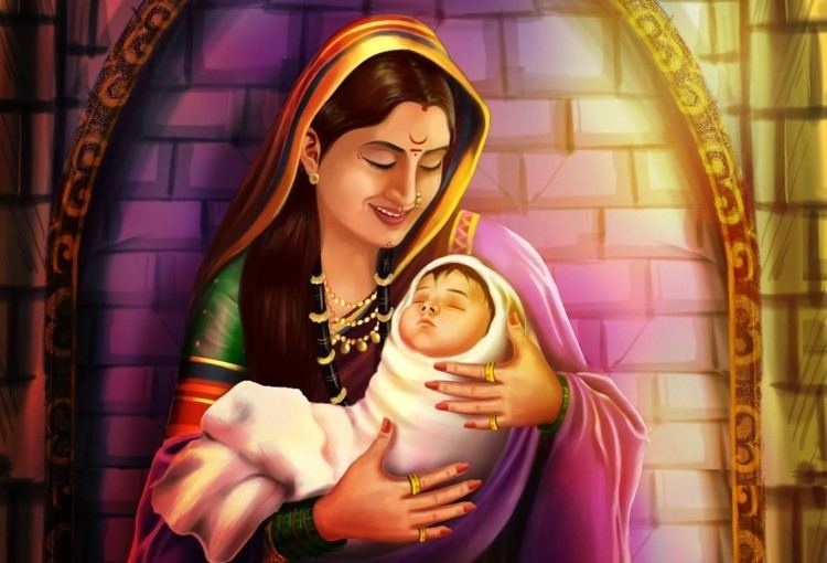 Jijabai smiling and carrying a baby wearing white cloth while Jijabai has a bindi on her forehead and wearing orange, green, purple saree, pearl nath, ring, necklace, earrings.