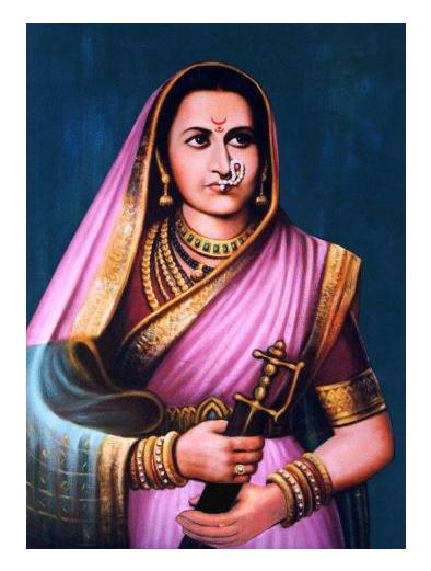 Jijabai looking up while holding a sword, with a serious face, and wearing a violet, gold, and blue saree, pearl nath, gold necklace, belt, bracelet, and earrings
