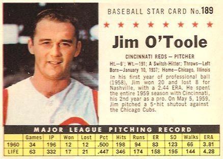 Jim O'Toole 1961 Post Cereal Jim O39Toole 189 Baseball Card Value Price Guide