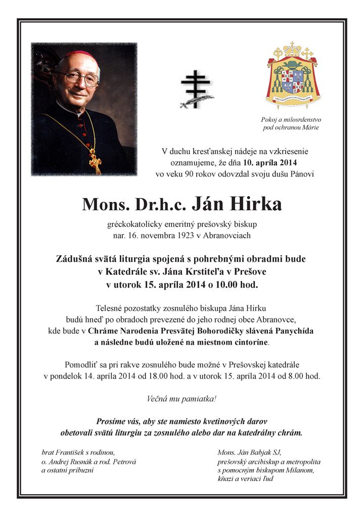 Ján Hirka Zomrel preovsk emeritn grckokatolcky biskup Jn Hirka