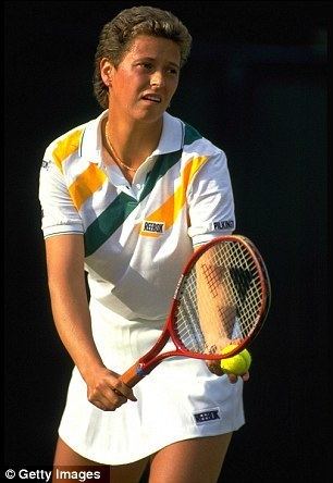 Jo Durie while playing tennis wearing her tennis jersey