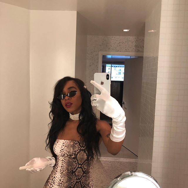 Joann Lee Kelly's mirror selfie while wearing a snake print dress, white gloves, sunglasses, and choker