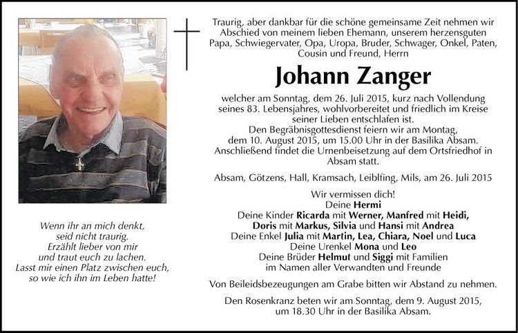 Johann Zanger Traueranzeige von Johann Zanger vom 08082015