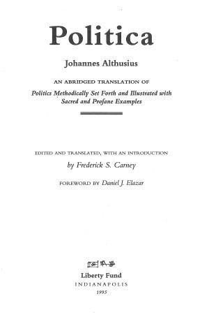 Johannes Althusius Politica Online Library of Liberty