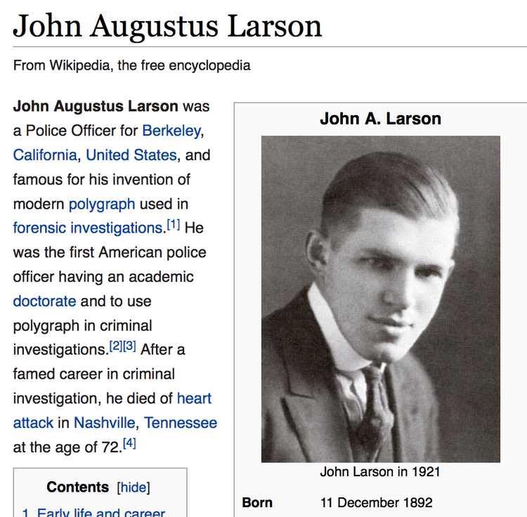 On the left, information about John Augustus Larson from Wikipedia. On the right, John Augustus Larson with a serious face, wearing a black coat over white long sleeves, and a black necktie.