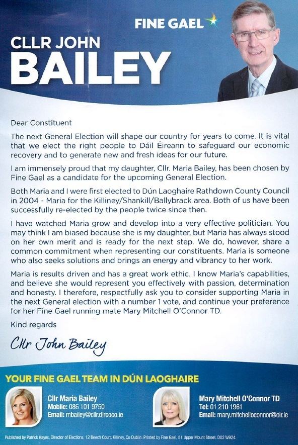 John Bailey (Irish politician) Letter from John Bailey supporting Maria Bailey Fine Gael Dun