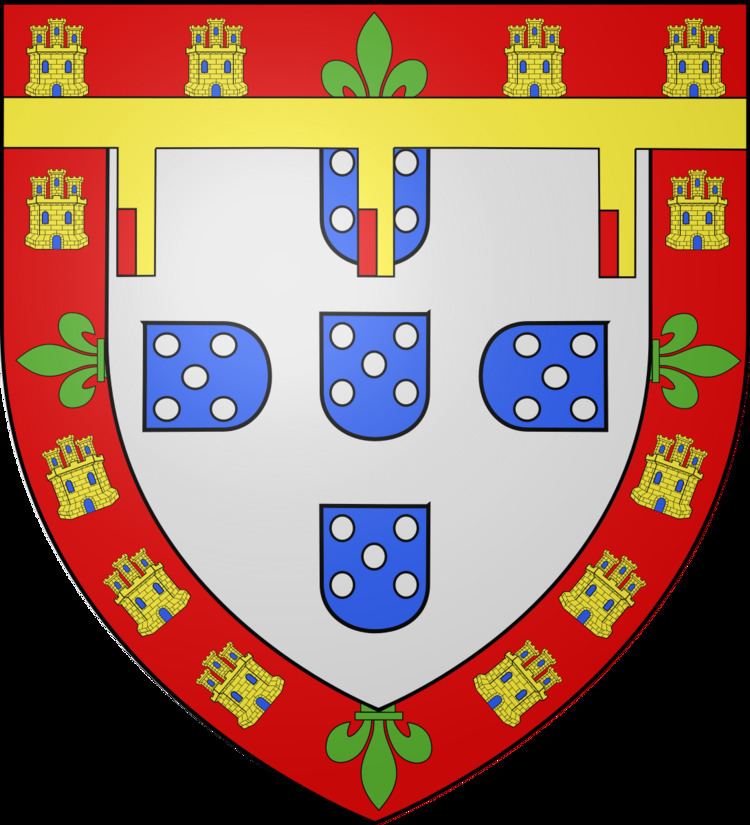 Coat of arms of Portuguese Prince Henry the Navigator, Duke of Viseu. In a black background, has a silver shield that has five blue-Azure Shield, set crosswise, each shield has five silver circle, set in saltire cross, in red border, charged with two castles at the top, and three towers at the left and right side, with blue Azure open door and windows,four green  fleur-de-lys, each pendant charged with three petals.