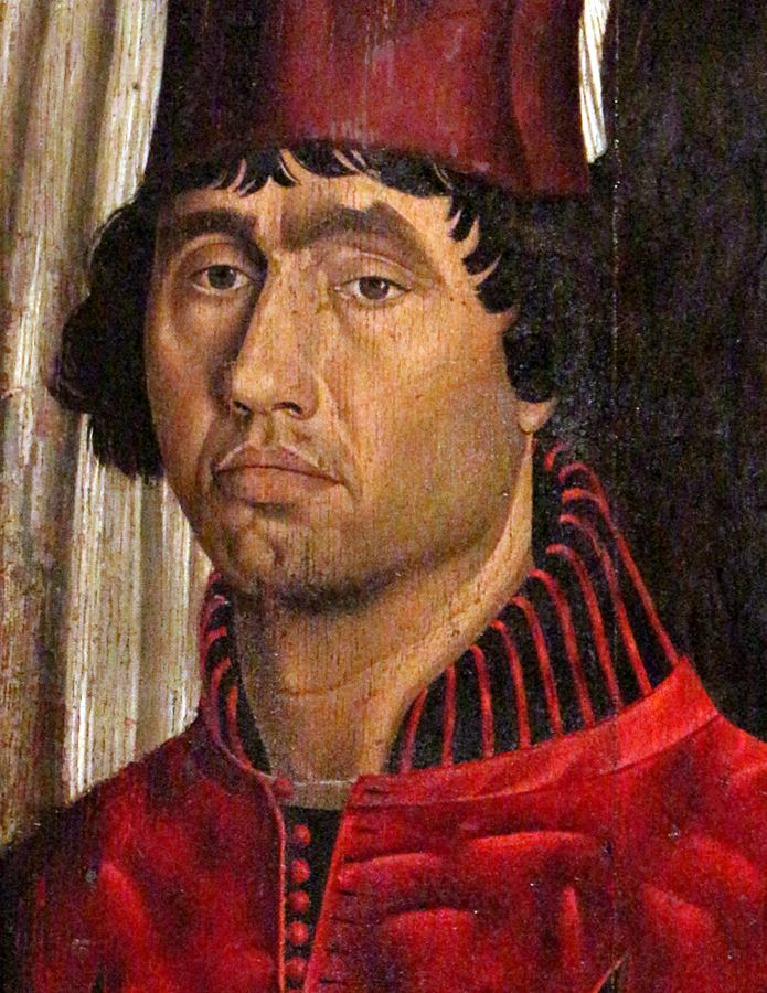 A painting of John, Constable of Portugal is serious, has black hair wearing a red headdress and red shirt with black-red collars.