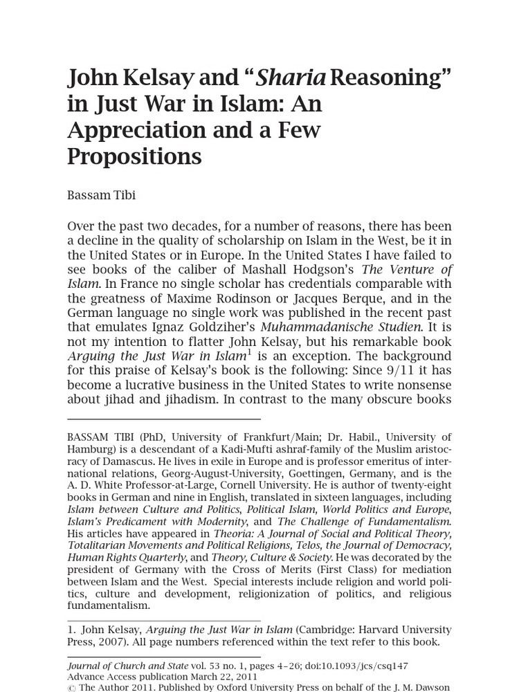 John Kelsay (judge) Tibi 2011 John Kelsay and Sharia Reasoning in Just War in Islam An