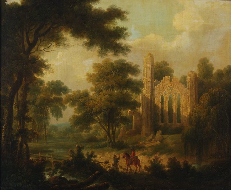 John Rathbone (artist) Circle of John Rathbone A wooded river landscape with a ruined