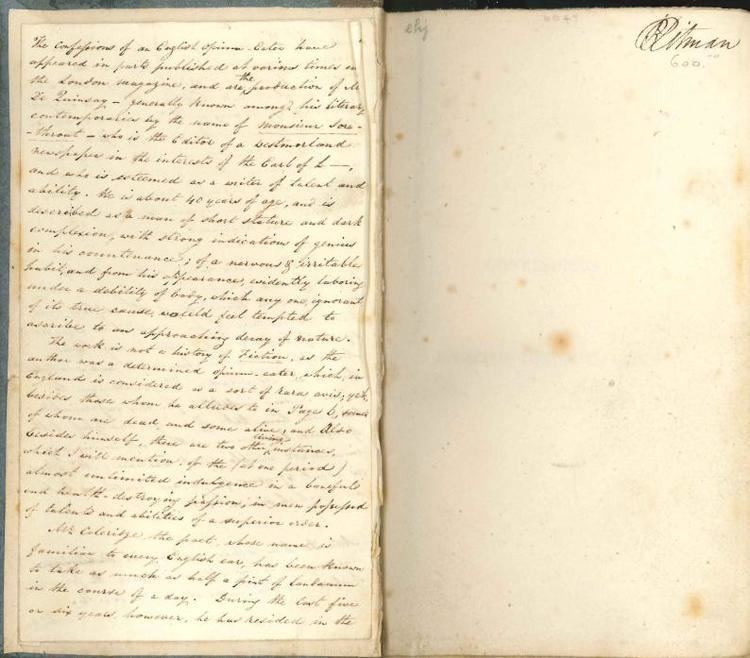 John Rogers Pitman Manuscript written by John Rogers Pitman on Thomas DeQunicey Samuel