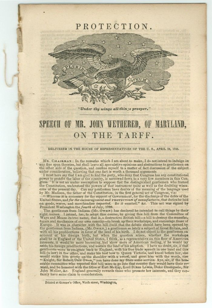 John Wethered Speech of Mr John Wethered of Maryland on the Tariff The