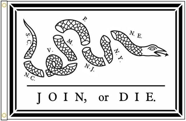 Join, or Die Join or Die Snake Historical Flag Benjamin Franklin flag from Flags