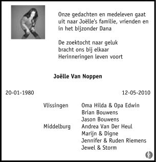 Joëlle van Noppen Jolle van Noppen overlijdensbericht en condoleances Mensenlinqnl