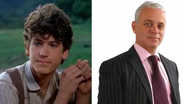 On the left, young Jonathan Gilbert with a tight-lipped smile, curly hair, and his hands together while wearing a light brown striped polo and brown suspenders. On the right, Jonathan with a tight-lipped smile while wearing a pink long sleeve under a violet necktie and black striped coat