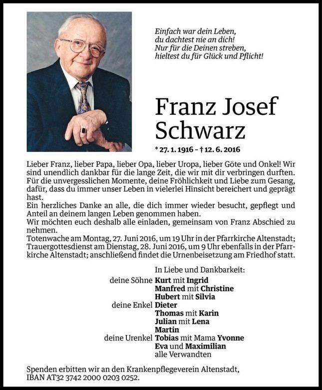 Josef Schwarz Franz Josef Schwarz Todesanzeige VN Todesanzeigen