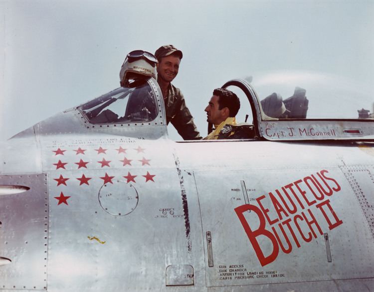 Joseph C. McConnell riding on his F-86, Beauteous Butch II