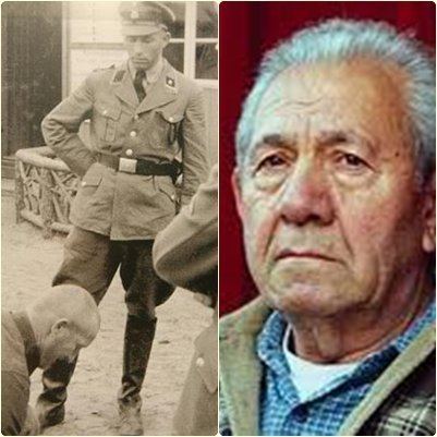 On the left, Josias Kumpf wearing his SS guard forces uniform. On the right, Josias Kumpf with white hair and with a lonely face, wearing a blue polo shirt, and a checkered brown jacket.