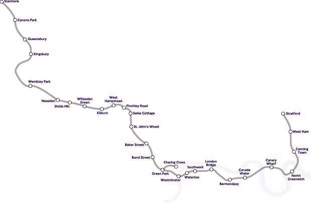 Jubilee line map with a gray line with a white dots indicates (left-right) Stanmore, Canons Park, Queensbury, Kingsbury, Wembley Park, Neasden, Dollis Hill, Willesden Green, Killburn, West Hampstead, Finchley Road, Swiss Cottage, St John’s Wood, Baker Street, Bond Street, Green Park, Charing cross, Westminster, Waterloo, Southwark, London Bridge, Bermondsey, Canada Water, Canary Wharf, North Greenwich, Canning Town, West Ham, and Stratford