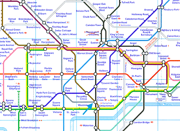 A London Tube Map line that shows the colors for every station to know where to stop on a regular commute.