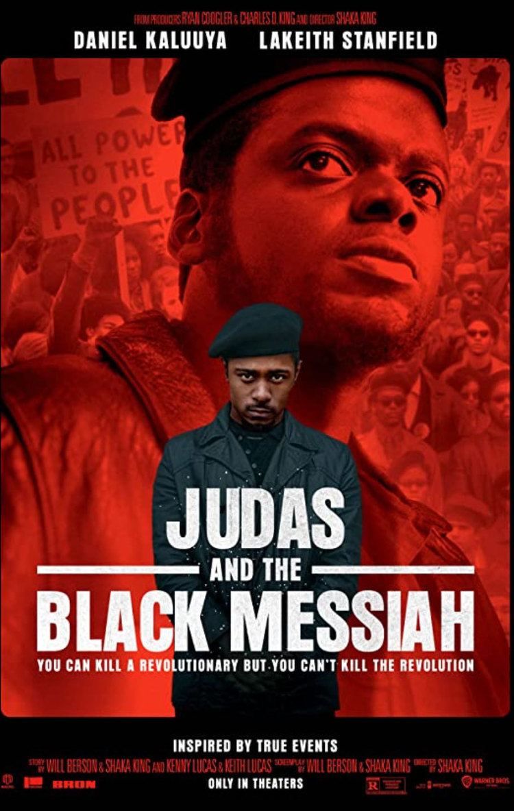 LaKeith Stanfield and Daniel Kaluuya with serious faces in the movie poster of the 2021 American biographical film, Judas and the Black Messiah