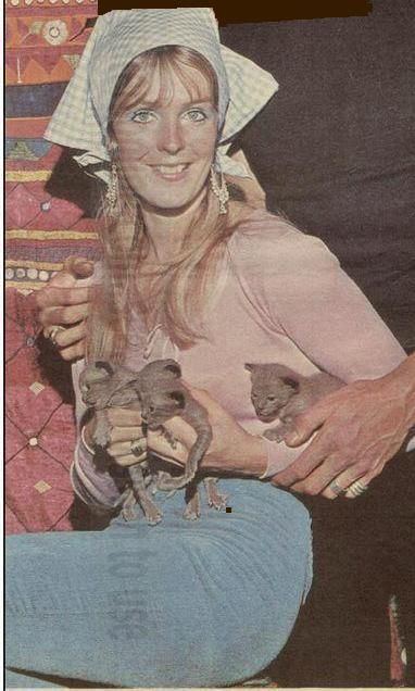 Judith Trim smiling while carrying kittens and wearing a checkered bandana and pink blouse