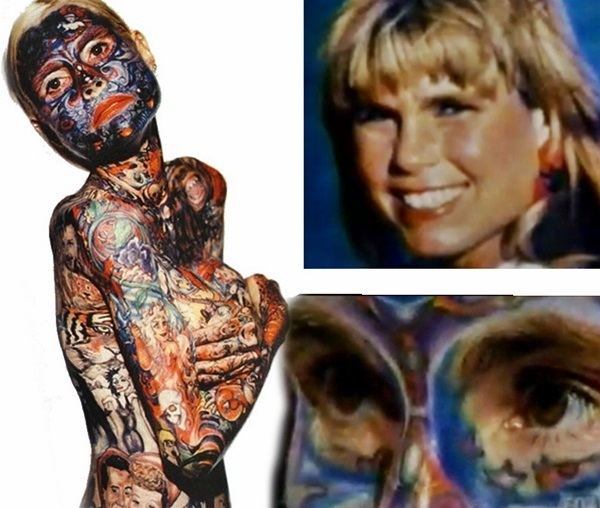On the left, Julia Gnuse covered her whole body with tattoos. On the right, Julia Gnuse with blonde hair and her face covered with tattoos.