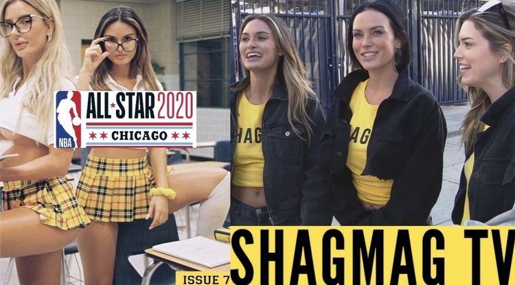 On the left, Julia Rose with a serious face, wearing eyeglasses, a sexy white top, and a yellow checkered skirt. On the right, Julia with Lauren Summer and Kayla Lauren smiling while on Shagmag TV, all are wearing black blazers and a yellow top.