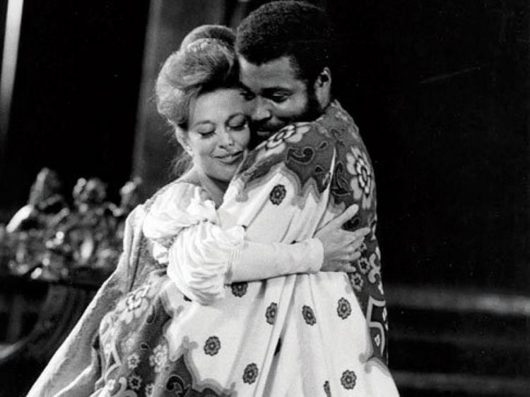 Julienne Marie embracing James Earl Jones in the 1964 stage play "Othello"