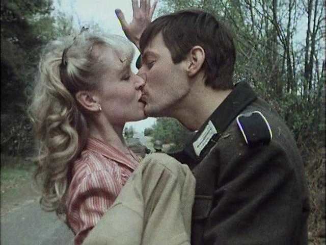 Juliet Hammond Hill and Paul Shelley in a kissing scene from the 1977 tv series Secret Army