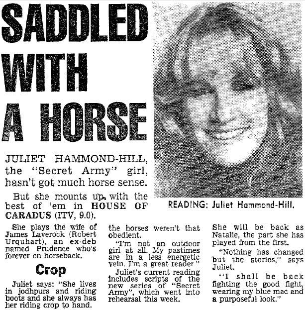 Juliet Hammond-Hill featured in a newspaper with an article written about her role in the 1977 tv series Secret Army