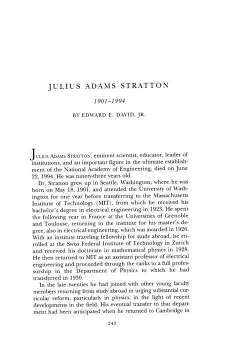Julius Adams Stratton Julius Adams Stratton Memorial Tributes National Academy of