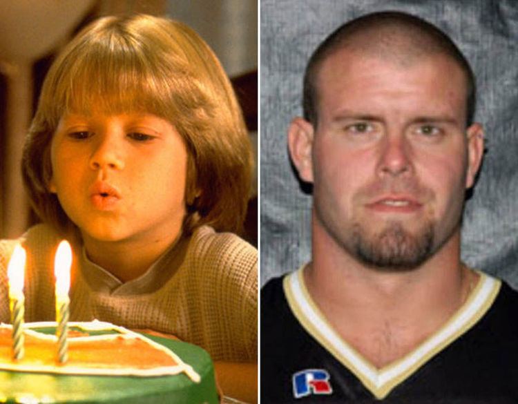 On the left, Justin Cooper at a young age, with blonde hair while blowing candles. On the right, Justin Cooper with a beard and wearing a black shirt.