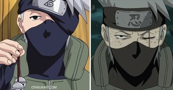 On the left, Kakashi Hatake with headband covering his eyes and on the right showing scars on his eyes