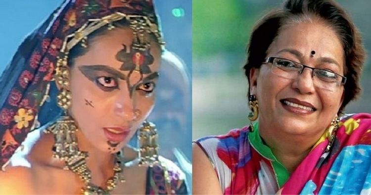 On the left, Kalpana with an angry look and painting on his face while wearing a colorful veil, a maang tikka, dangling earrings, a necklace, and a black and violet blouse. On the right, Kalpana Iyer smiling with short hair, a mole, and a black bindi on her forehead while wearing earrings, eyeglasses, and a colorful saree