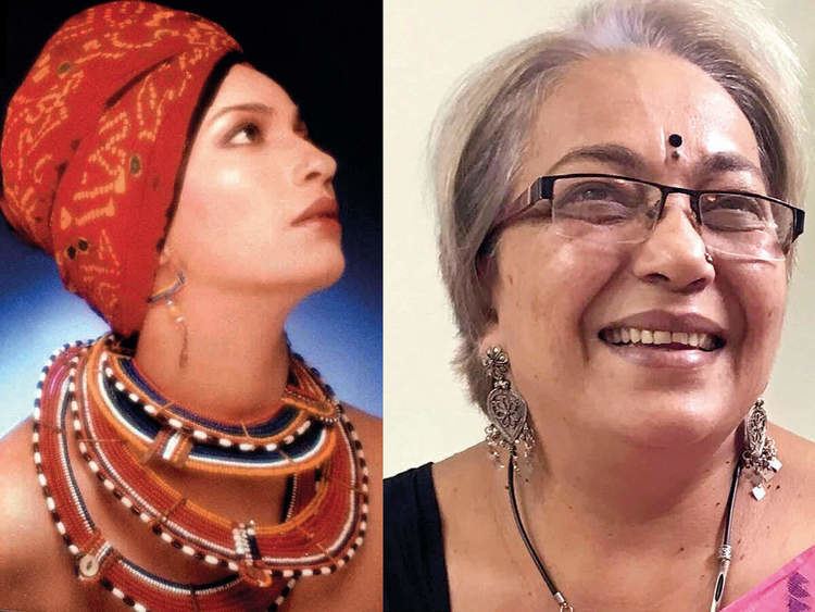 On the left, Kalpana Iyer looking above and wearing a red printed turban, a layer of colored necklaces, and earrings. On the right,  Kalpana with gray short hair, a mole, and a black bindi on her forehead while wearing a necklace, dangling earrings, and a black and purple blouse