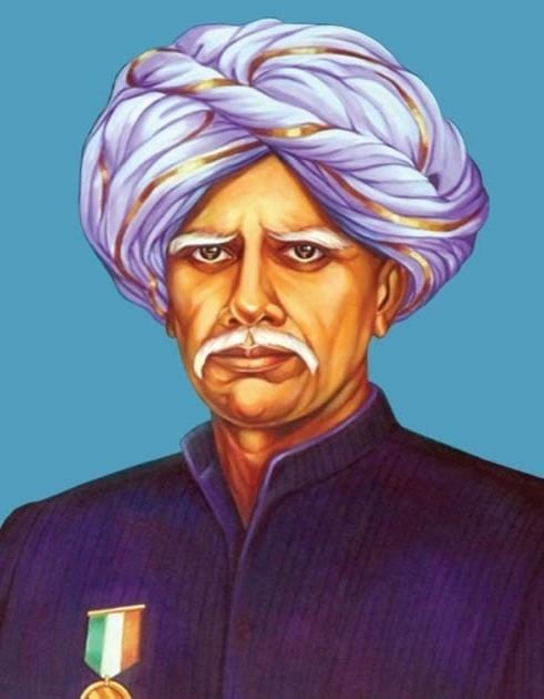 A portrait of Kandukuri Veeresalingam with a serious look having a mustache & Indian flag medal on his chest wearing a purple-colored turban & dark blue stand collar shirt.