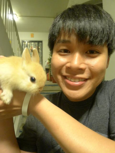 Kang Cheng Xi wearing gray t-shirt while holding a rabbit