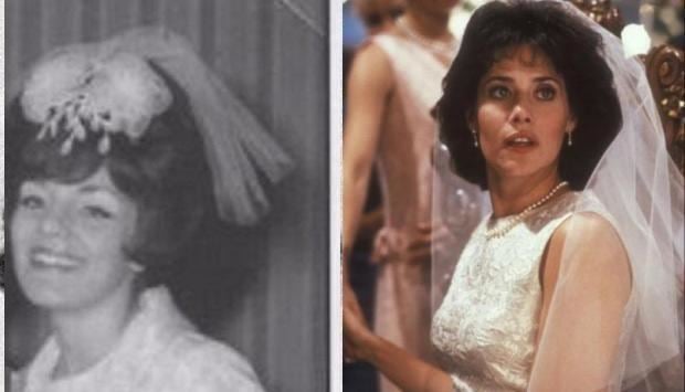 On the left is Karen Friedman Hill on her wedding day and on the right is actress Lorraine Bracco wearing wedding gown