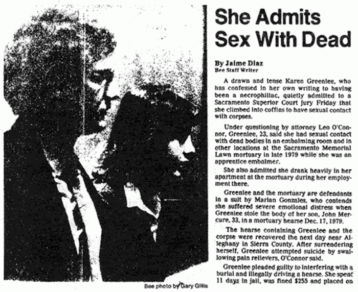 An article featuring Karen Greenlee with the title "She admits sex with dead" by Jaime Diaz