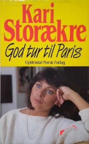Kari Storækre looking afar and leaning her head on her hand with a serious face and blue eyes on the book cover of "Kari Storækre God tur til Paris" published at Gyldendal Norsk Forlag. Kari is wearing a ring, necklace, and white long sleeve blouse