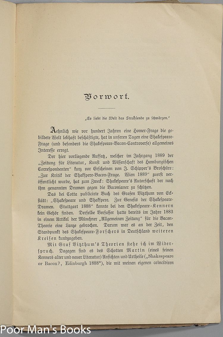 Karl Lentzner ZUR SHAKESPEARE BACON THEORIE German 1890 pamphlet Karl Lentzner