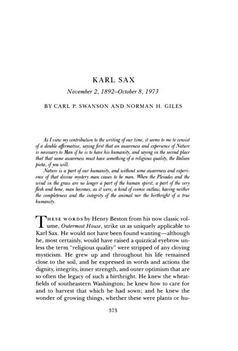 Karl Sax Karl Sax Biographical Memoirs V57 The National Academies Press