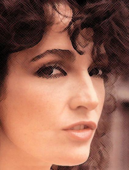 Karla DeVito's side view face, pouting her lips and with curly hair.