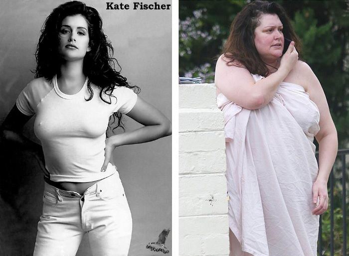 On the left, Kate Fischer wearing a fitted shirt and pants while on the right, Kate wearing a white cloth around her body