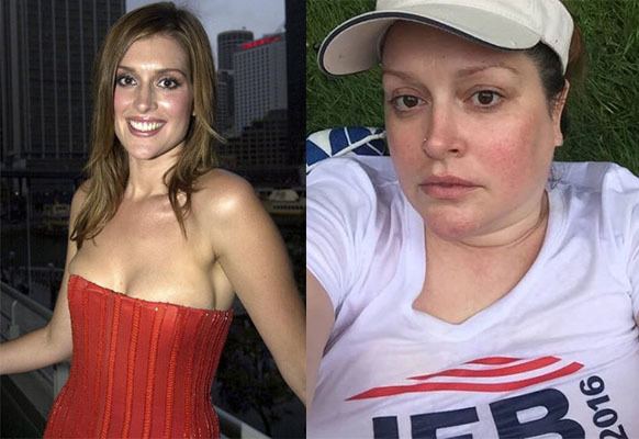 On the left, Kate Fischer smiling while wearing a red tube top and on the right, she is wearing a white printed t-shirt and beige cap