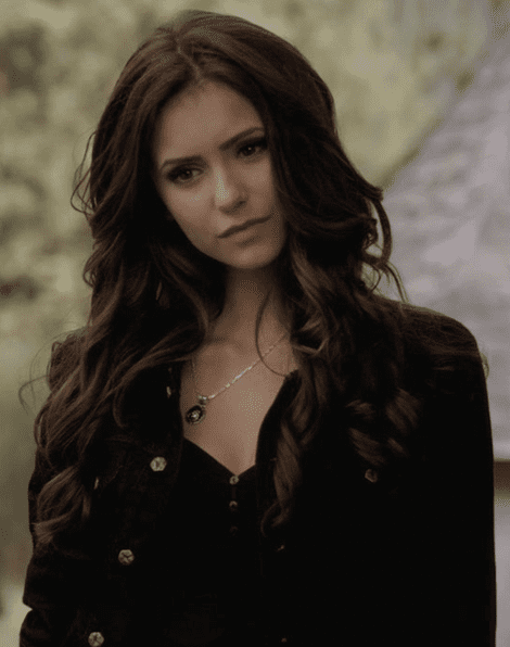 Katherine Pierce wearing black jacket, black inner top and necklace