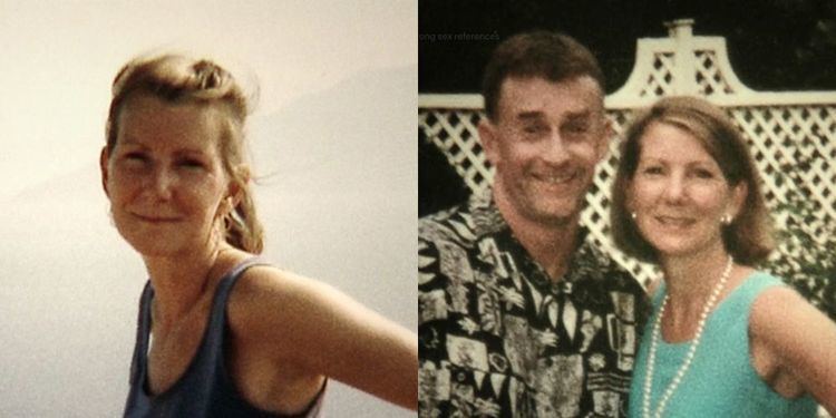 Kathleen Peterson (left) smiling with her blonde tied hair, wearing a blue sleeveless. In the right image, Kathleen (right) and Michael Peterson (left) smiling while their arms are around each other, and a white balcony in their background. Kathleen has a blonde short hair, wearing a pearl earring, a pearl long necklace and a green sleeveless and Michael has a black hair wearing a black printed polo