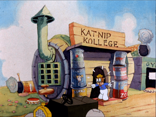 Katnip Kollege movie scenes The cartoon then starts of as we find the campus as it is built from a barrel and the columns at the front are made from old tins 